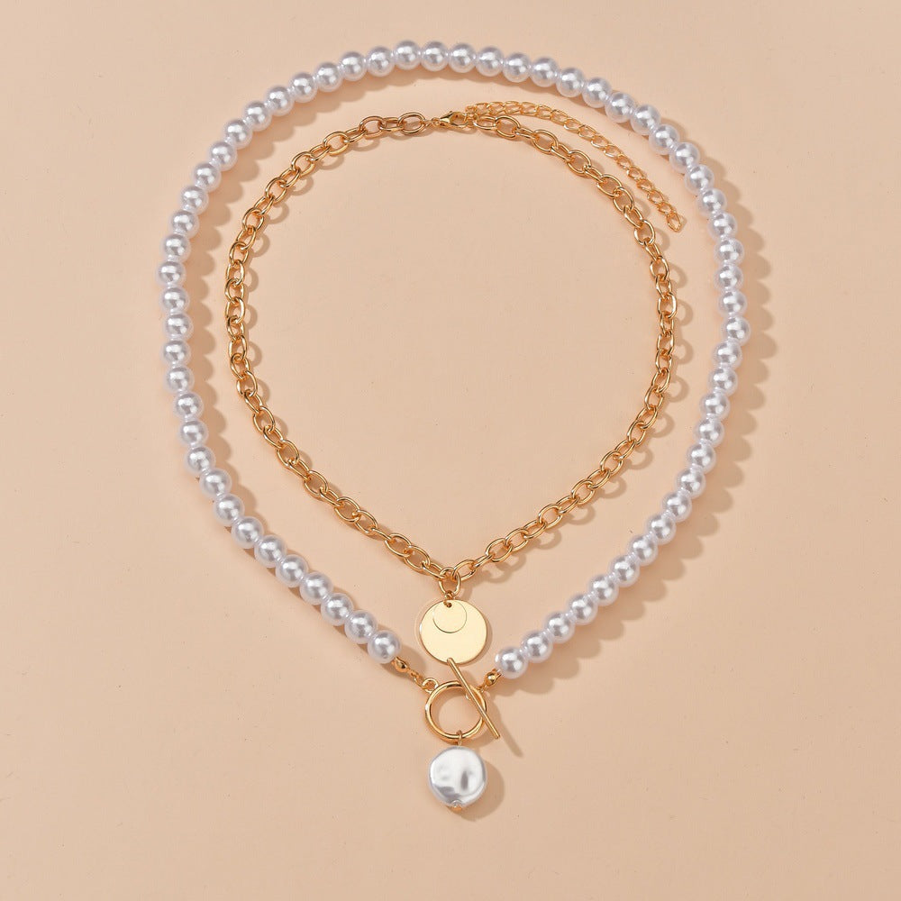 Double Layers Baroque Pearl Necklace Vintage Coin Pendant