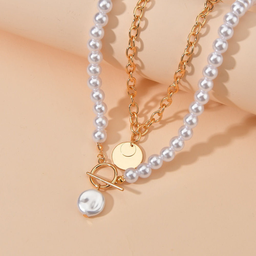 Double Layers Baroque Pearl Necklace Vintage Coin Pendant
